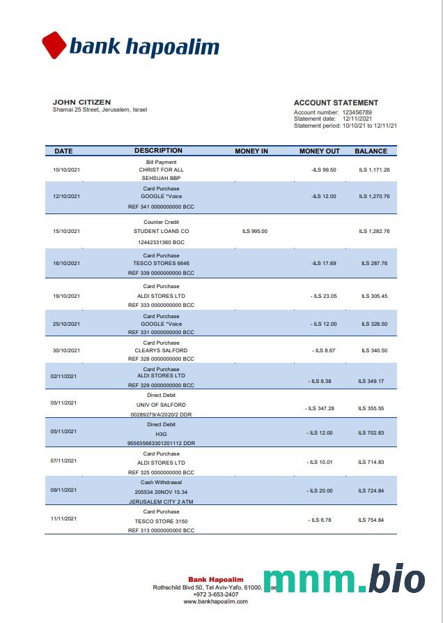 Izrael Hapoalim wyciąg bankowy Excel i szablon PDF